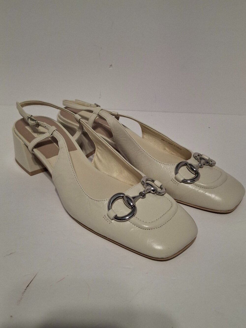 Dolce Vita Melli Ivory Crinkle Patent Horsebit Slingback Block Heels Size 12
